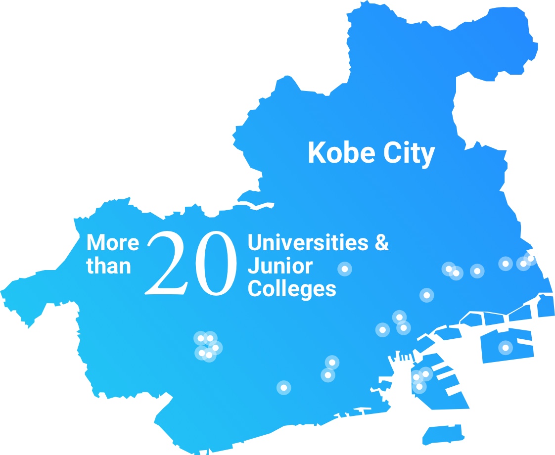 A map of the Kobe City area with 24 pins representing 24 universities and junior colleges.
